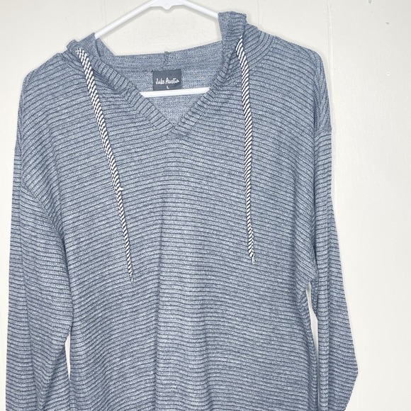 Jake Aurita Thermal Knit Gray Striped Long Sleeve V Neck Top Men's Size Large - Picture 2 of 6